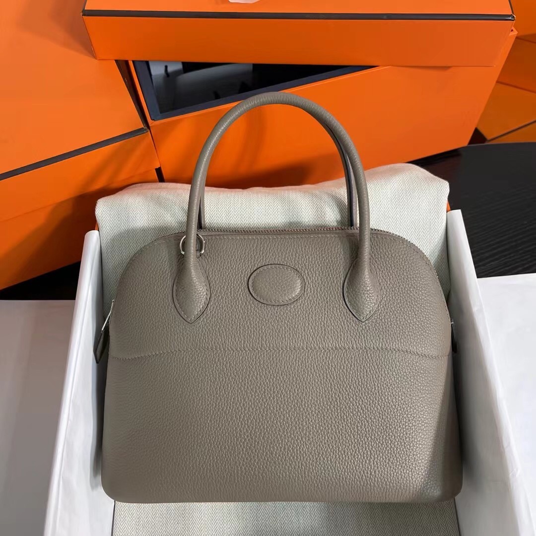 Hermes Bolide 27cm Handbag In Gris Asphalte Clemence Leather